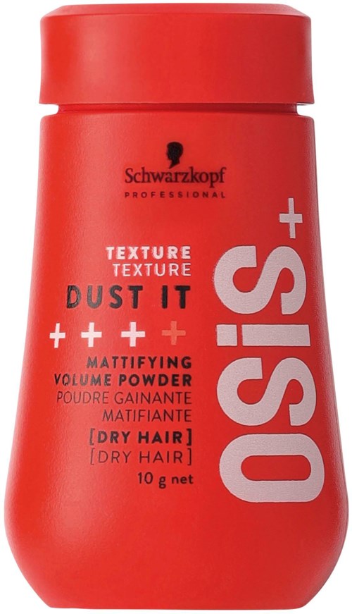 Eine rote Flasche Schwarzkopf Haarspray für trockenes Haar, 'OSIS+ Dust It' für Volumen und matter Oberfläche.