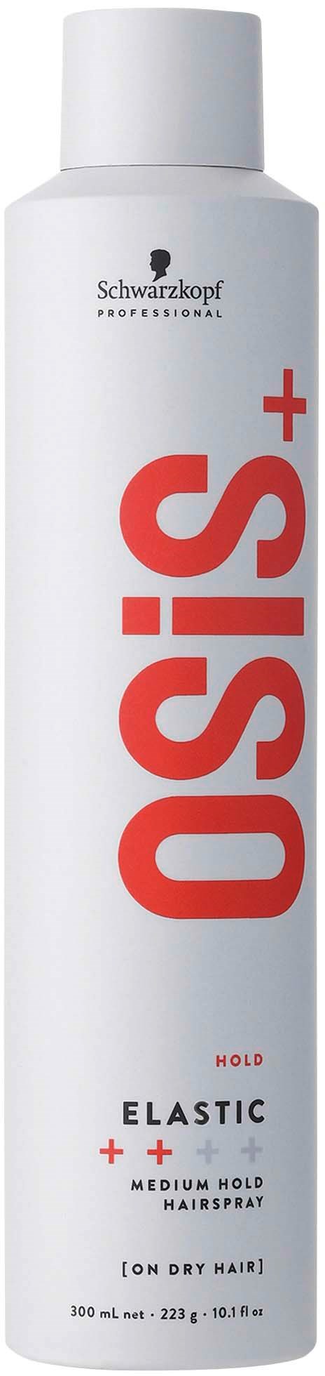 Eine weiße Flasche Schwarzkopf Osis+ Haarspray mit rotem Text, der angibt, dass es für mittleren Halt an trockenem Haar ist.