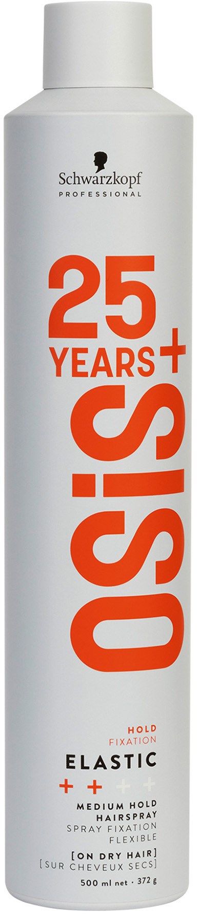 En lång vit flaska med svart och orange text, hyllar 25+ år för OSIS hårstylingprodukt.
