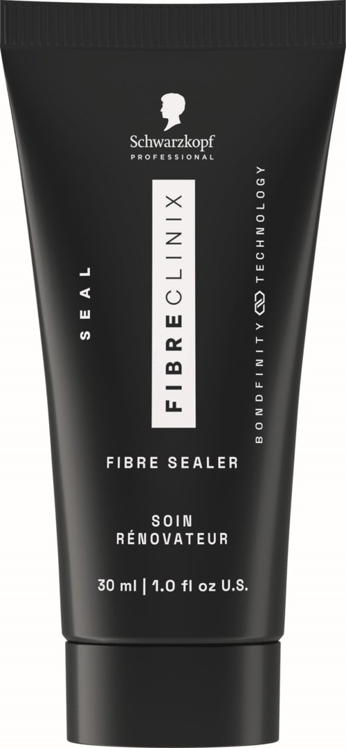 Black tube with white text, labeled Fibre Clinix Fibre Sealer by Schwarzkopf, a hair product.