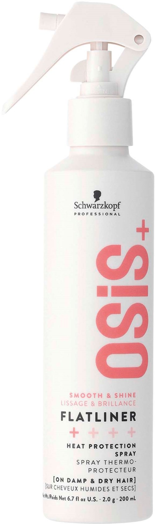 A white spray bottle with black and pink text, labeled as Schwarzkopf professional OSIS+ flatliner heat protection spray.