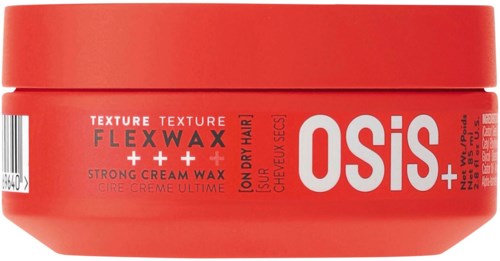 Een rode container van Osis+ Flexwax haarwax voor sterke hold en textuur, geschikt voor rommelig of droog haar.