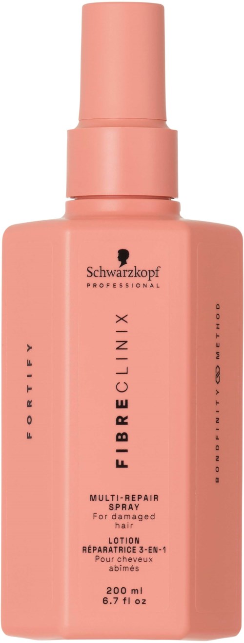 Eine rosa Flasche Schwarzkopf Professional Fibrelinx Multi-Reparatur-Spray für geschädigtes Haar. Das Etikett hat schwarzen Text und Logo.