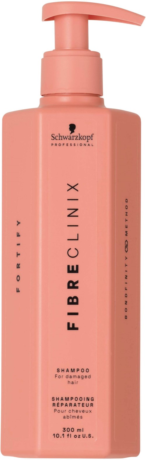 Rosa Shampoo-Flasche mit Pumpe, schwarzer Text, Schwarzkopf-Marke, Produktname Fibre Clinix. Für geschädigtes Haar.
