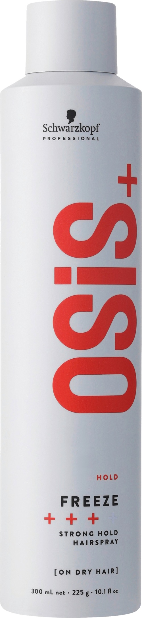 A white can with red and black text, showing hair spray for hold and freeze, by Schwarzkopf.