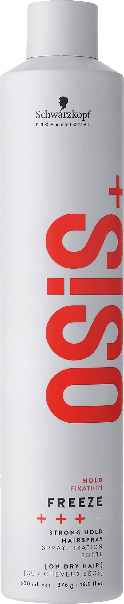 A white spray can with black and red text, labeled 'S+ OSIS+ Freeze' by Schwarzkopf, used for hair styling.