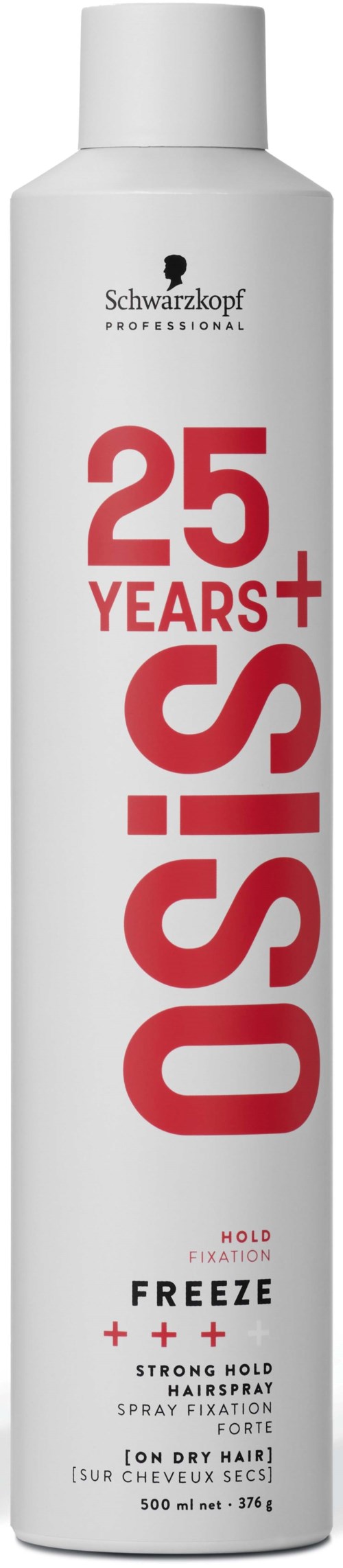 Eine weiße zylindrische Flasche mit roten und schwarzen Text, feiert 25 Jahre Osis+ Haarprodukt, bezeichnet als Halt und Fixierung.