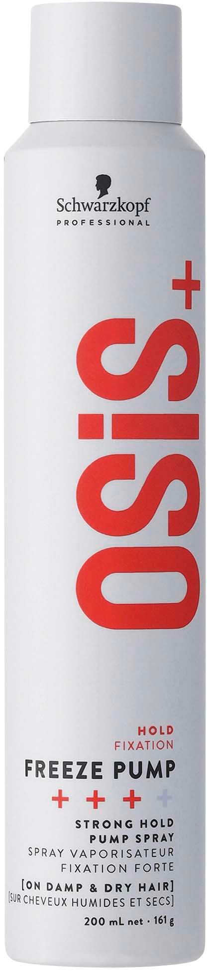 A tall, white can of Schwarzkopf Osis+ Freeze Pump spray with red text and black logo.