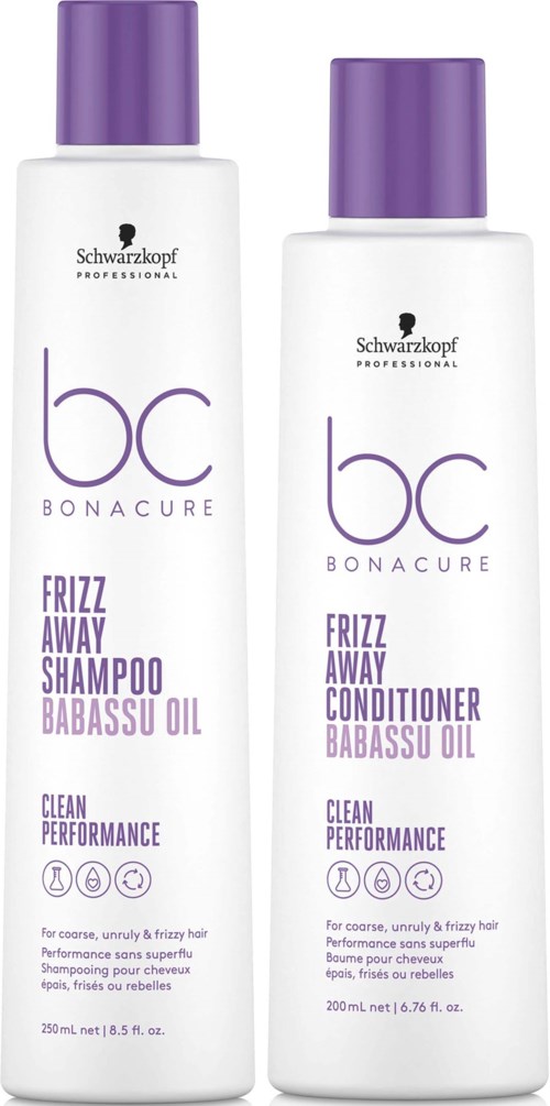Zwei weiße Flaschen mit lila Deckeln für Shampoo und Conditioner, enthalten Babassuöl für lockiges Haar.