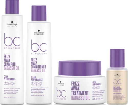 Vier Haarpflegeprodukte, einschließlich Shampoo, Conditioner, Behandlung und Serum, alle mit lila Deckel und Etiketten.