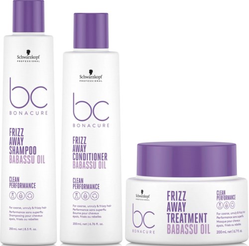 Zwei Flaschen von Schwarzkopf BC Bonacure Haarprodukten und ein Behälter für die Behandlung, alle mit lila Deckel und Etiketten.