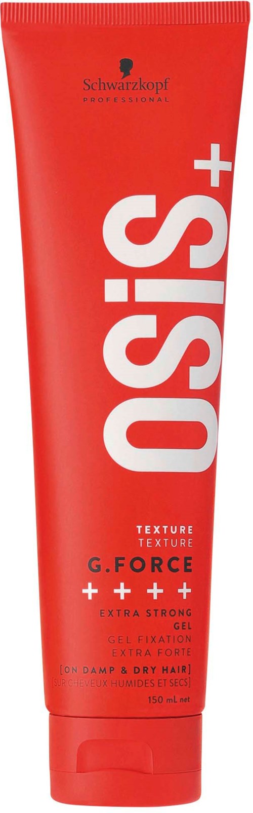 Red tube with large white text 'OSIS+'. Additional text indicates it's a strong hair gel from Schwarzkopf.