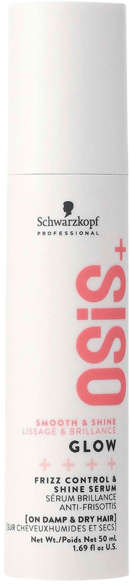 'OSIS+ GLOW' serum bottle with white body, pink and black text, and a small black logo at the top.