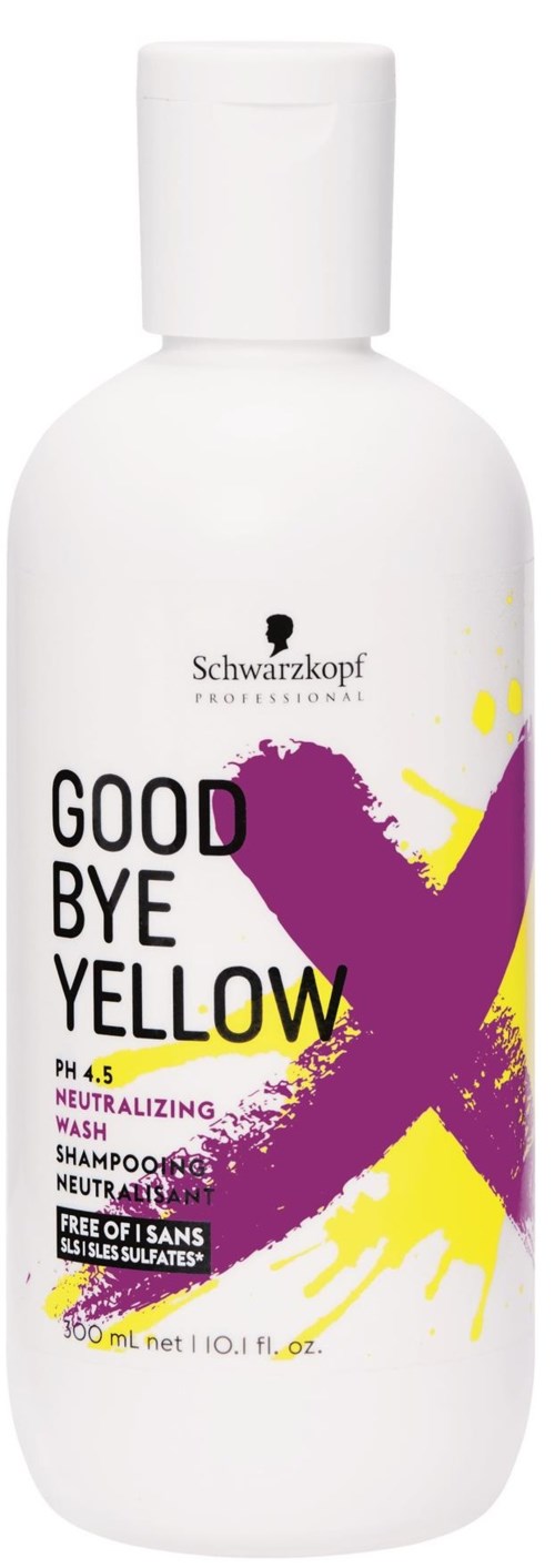 Een witte fles shampoo met zwarte en gele tekst, paarse en gele spatten design, en een witte dop.