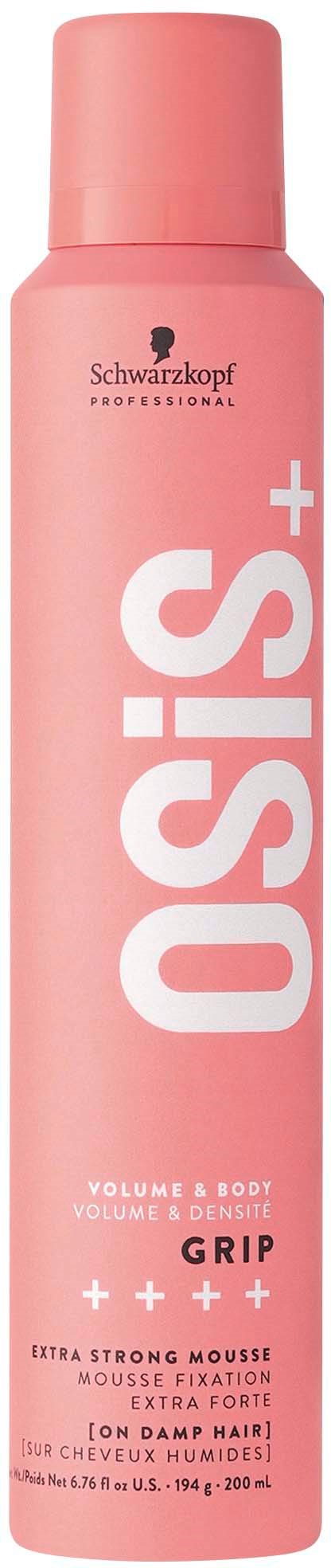 Eine pinke Dose Schwarzkopf Osis+ Ha mousse für Volumen und starken Halt, mit der Aufschrift 'Extra Strong Mousse' und 'Damp Hair'.