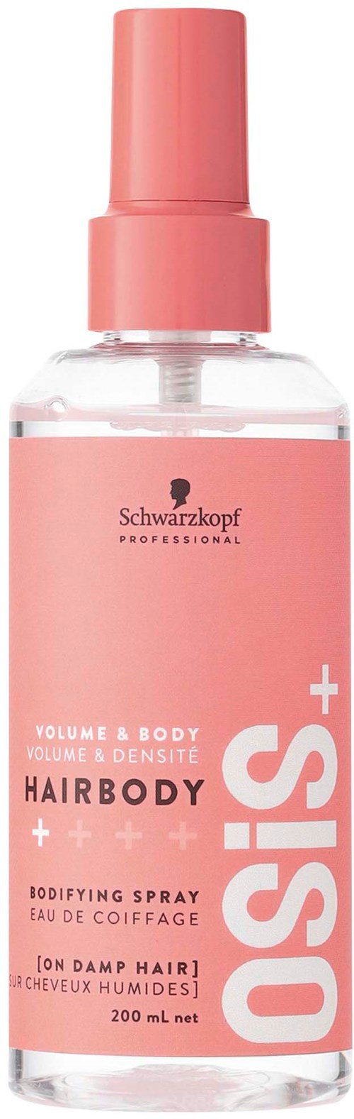 Eine rosa Sprühflasche mit der Aufschrift 'HairBody' für Haare und Körper, von Schwarzkopf Professional.
