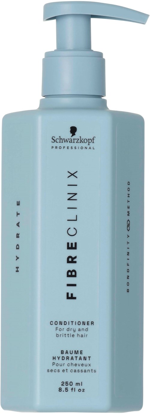 Hellblaue Flasche mit Pumpe, Schwarzkopf Fibre Clinix Conditioner für trockenes und mattes Haar, 250 ml.