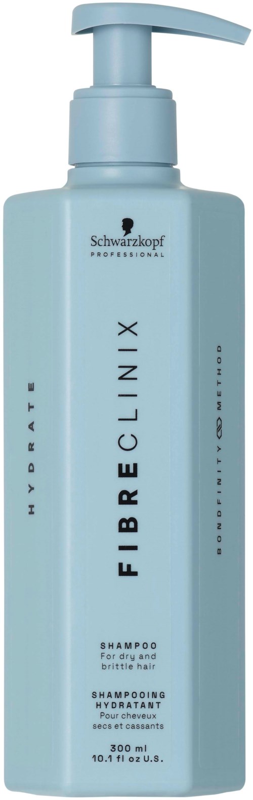 Hellblaue Shampoo-Flasche mit Pumpe, beschriftet als Hydra und Fiberclinix für trockenes, sprödes Haar, von Schwarzkopf.