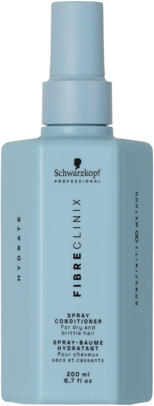 Hellblaue Flasche Schwarzkopf Professional Fibreclinix Spray Conditioner für trockenes und sprödes Haar, 200 ml.