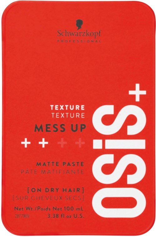 En röd låda med vit och svart text, visar en hårprodukt från Schwarzkopf, med fokus på textur och stökigt hår.