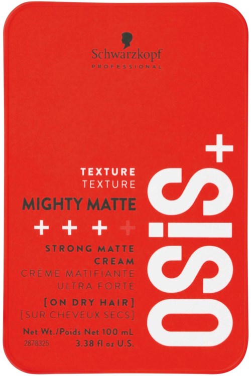 Röd förpackning för Schwarzkopf OSIS+ Mighty Matte stylingkräm, märkt för torrt hår med fet vit och svart text.