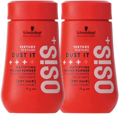 Zwei rote Flaschen Schwarzkopf Osis Dust It Matt-Falvolume-Puder für trockenes Haar.