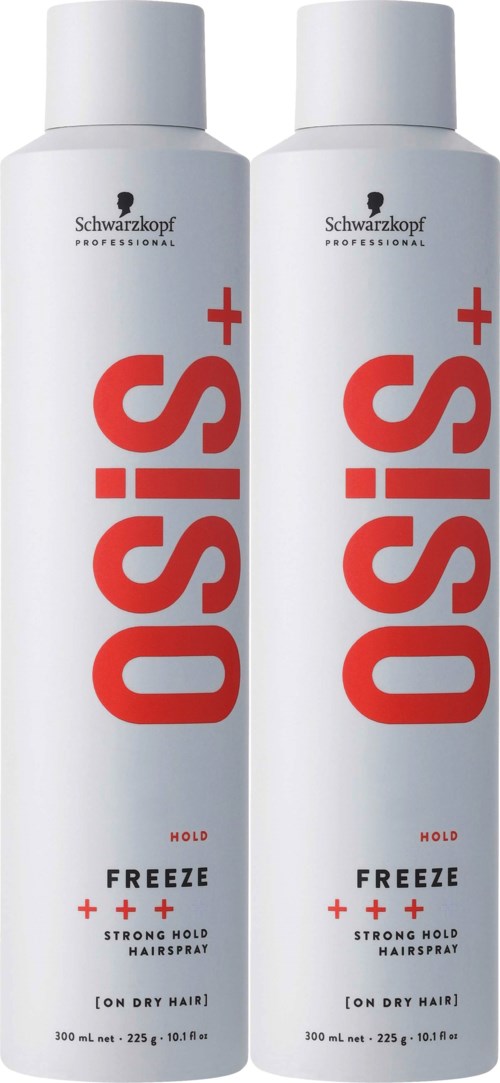 Two white cans of Schwarzkopf OSIS+ hair spray, labeled for hold and freeze, designed for dry hair.