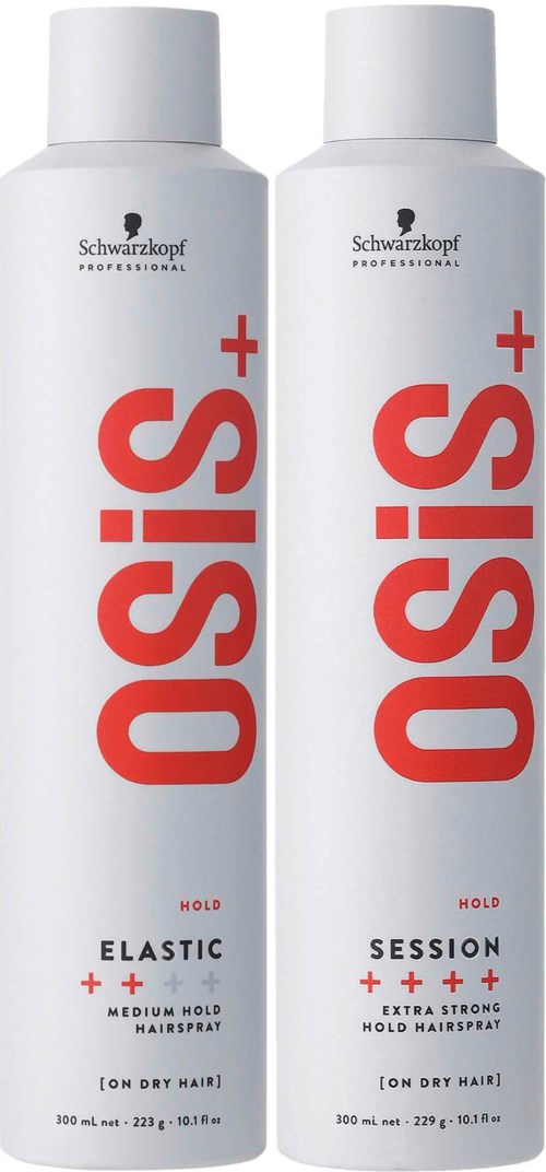 Two white bottles labeled Osis+ for hair styling, one for hold and one for extra strong hold, by Schwarzkopf.