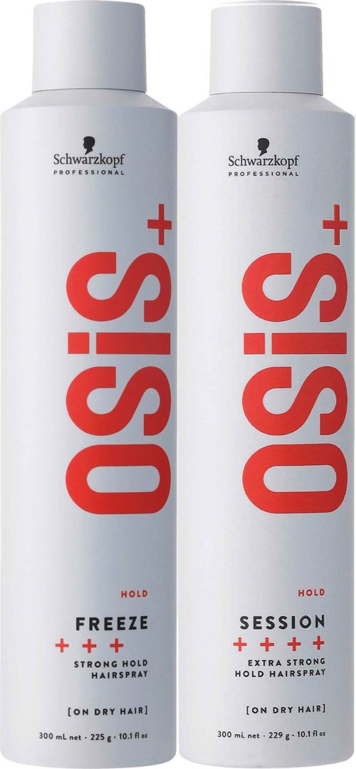 Two white spray bottles from Schwarzkopf with red text saying "OSIS+" and labels for different hair styling products.