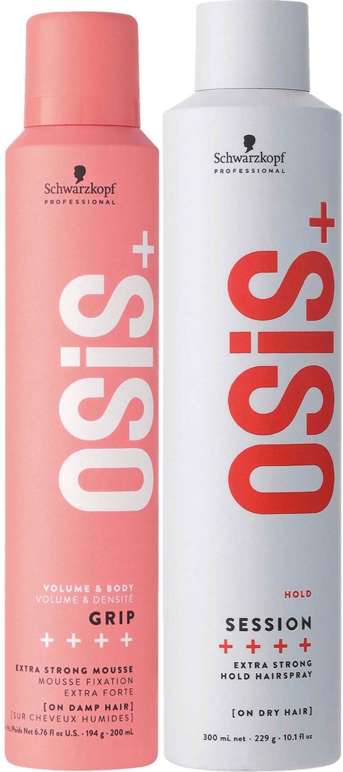 Zwei Flaschen Osis von Schwarzkopf, eine pinke und eine weiße, für Haarstyling und Kontrolle.