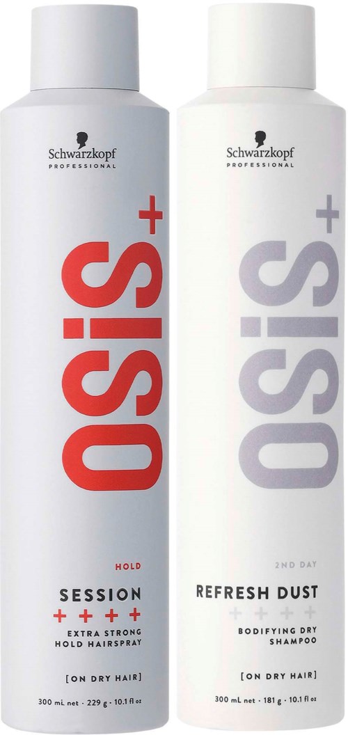 Two white bottles of hair shampoo with black and red text. The left bottle is for strong hold, the right for refresh. Both are from Schwarzkopf.