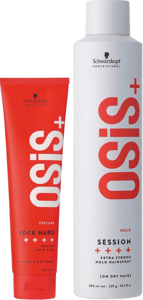 Two hair products, a red tube and a white spray bottle, from Schwarzkopf's OSIS+ line for strong hold and texture.