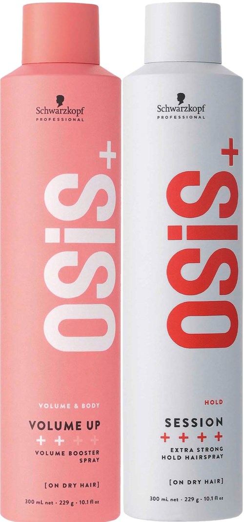 Zwei Flaschen Schwarzkopf OSIS+ Haarprodukte für Volumen und Halt, eine rosa und eine weiße, mit Text und Logos.