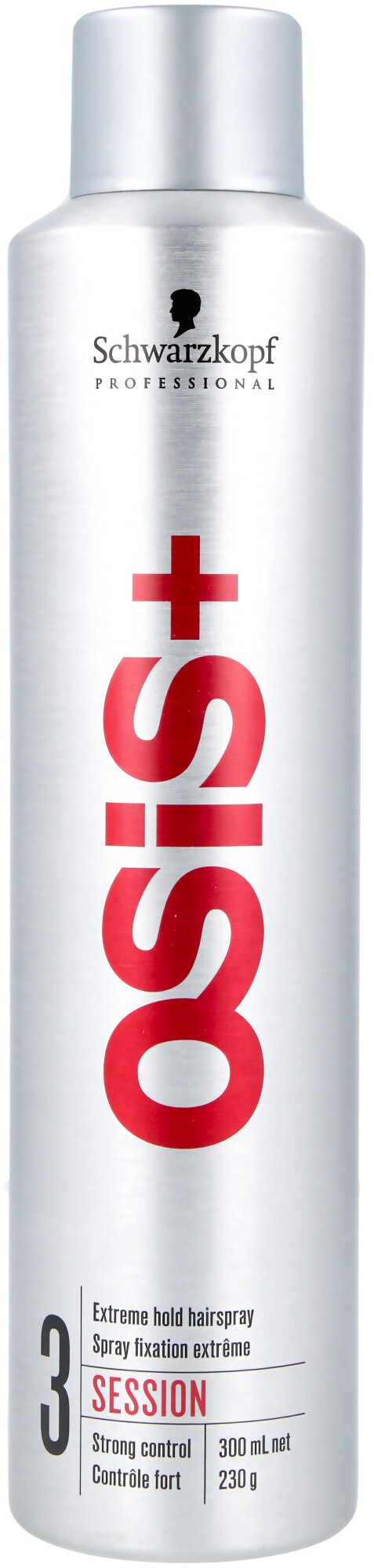 Hopea säiliö Schwarzkopf OSIS+ hiuslakkaa, jossa on punainen ja musta teksti, mukaan lukien tuotteen nimi ja tiedot.