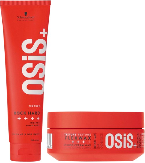 Zwei rote Haarstylingprodukte: eine Tube mit 'Textur Rock Hard' und ein Container mit 'Flexwax' und 'Osis+' Marken.