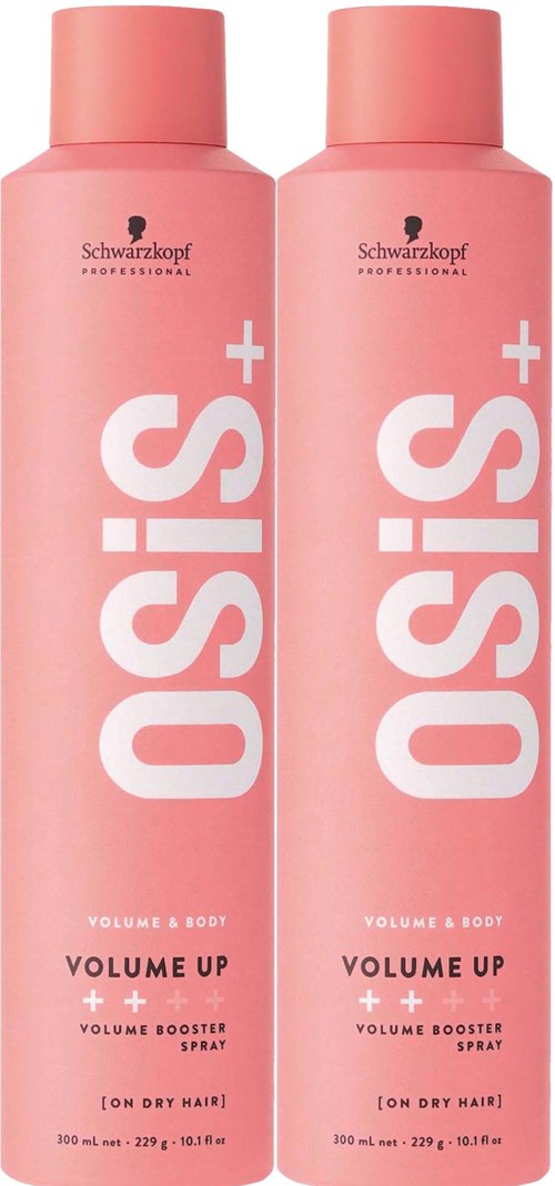 Zwei pinke Flaschen Schwarzkopf Osis+ Volume Up Spray für trockenes Haar. Sie sind hoch und identisch.