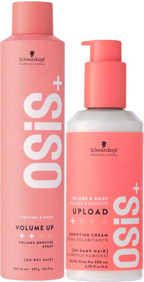 Zwei pinke Flaschen Schwarzkopf Osis+ Haarprodukte, eine groß und eine klein, mit prominentem Text und Logo.