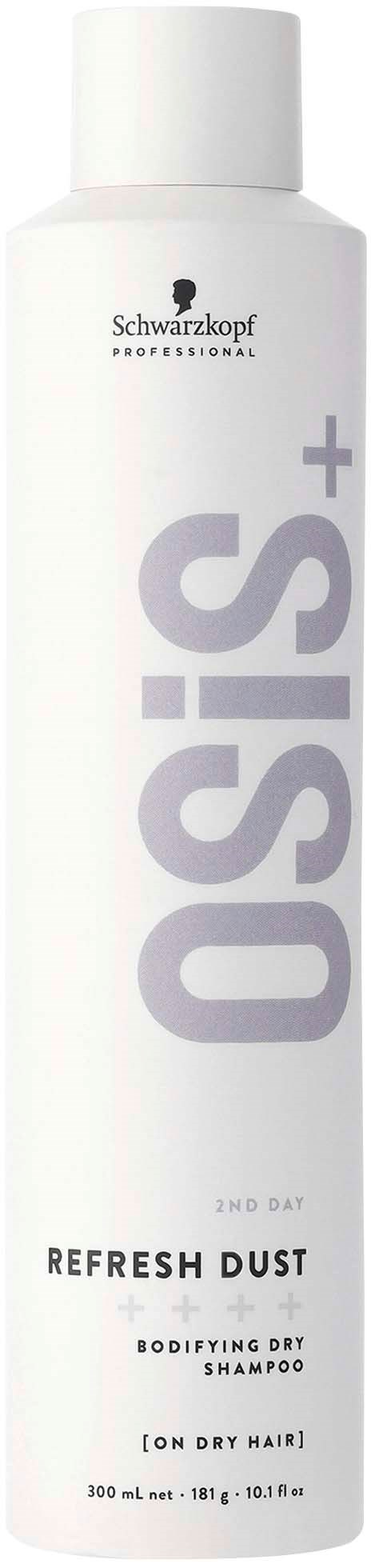 Een witte fles Schwarzkopf OSIS+ Refresh Dust droogshampoo met paarse en zwarte tekst.