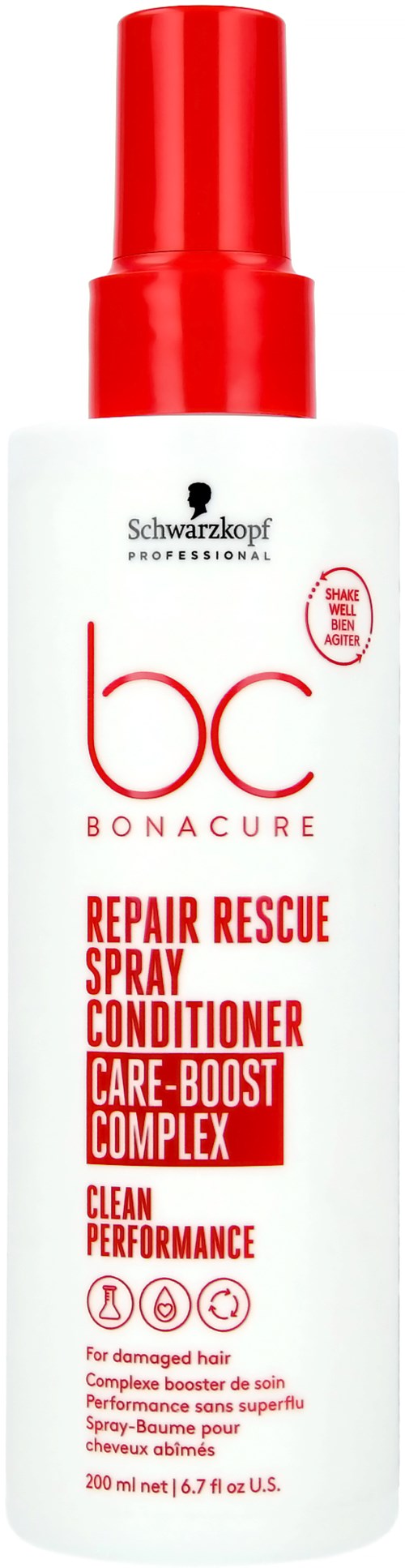 Een witte fles met een rode dop met Schwarzkopf professional merk, genaamd BC Bonacure, voor haarherstel en conditioner.