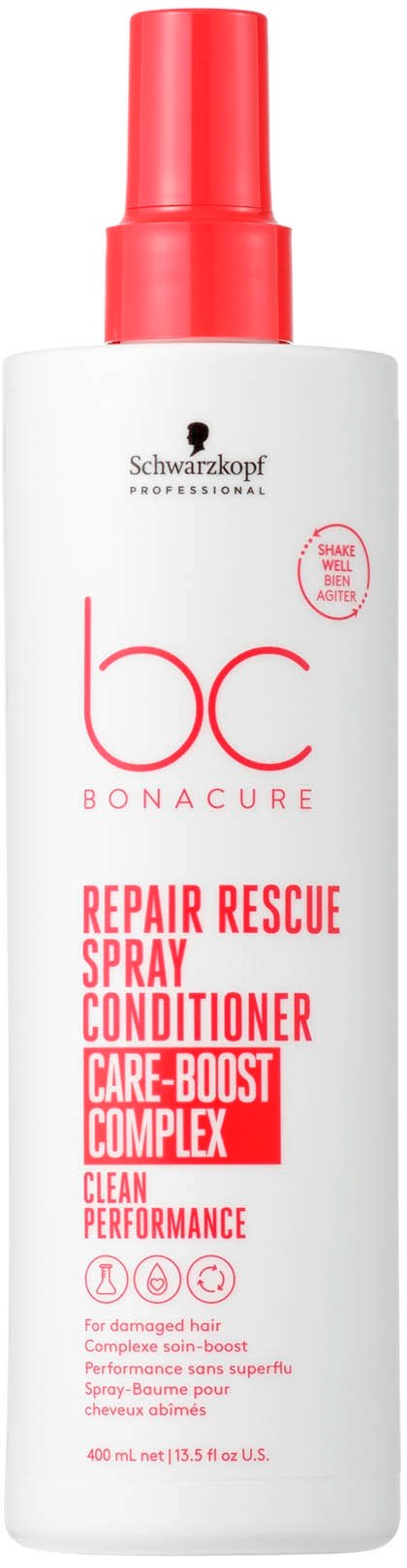 Eine weiße Flasche mit rotem Sprühkopf, beschriftet 'Bonacure Repair Rescue Spray Conditioner'. Es soll Haare stärken und reparieren.