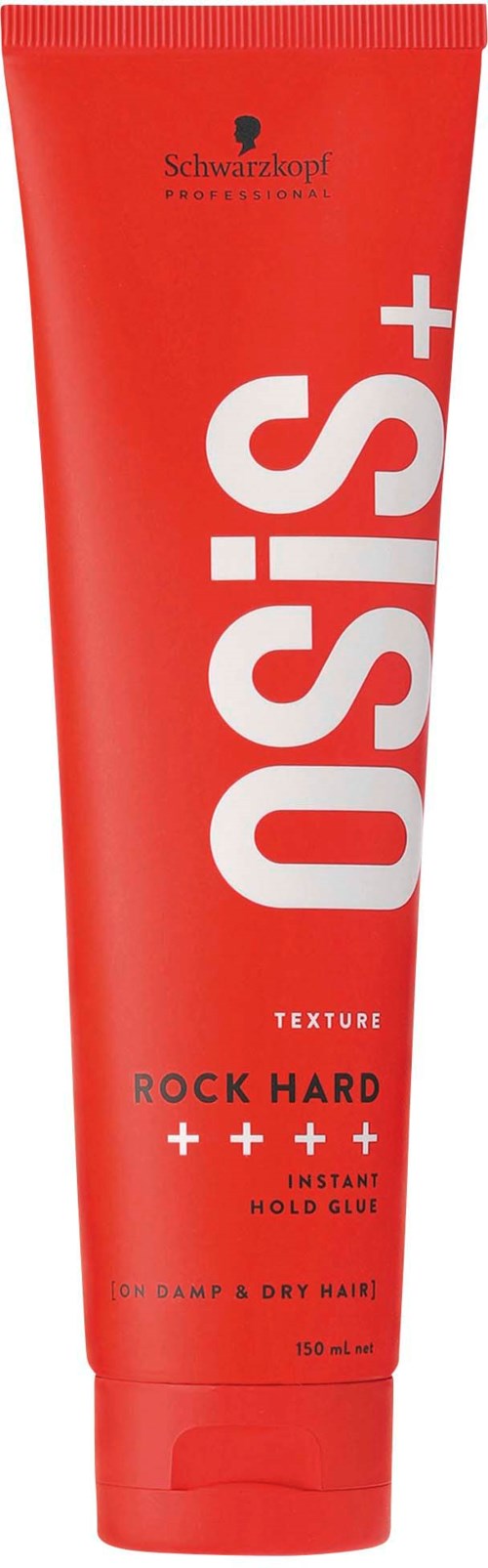 Red tube of Schwarzkopf OSIS+ hair styling product, labeled as 'Rock Hard' for dry, damp hair, 150ml.