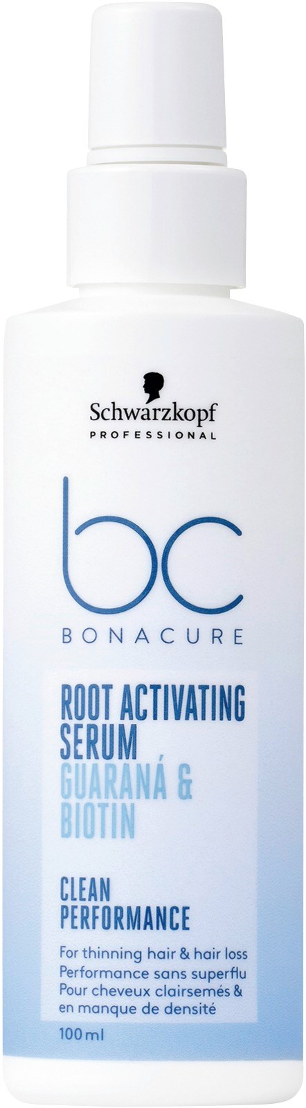 Eine weiße Flasche mit Sprühkopf, gekennzeichnet Schwarzkopf BC BONACURE Root Activating Serum, für Haarpflege mit Guarana und Biotin.