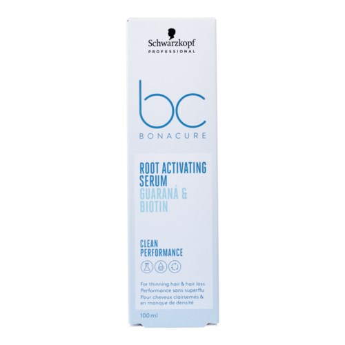 Eine weiße Schachtel von Schwarzkopf BC Bonacure Wurzelaktivierung Serum mit blauer und schwarzer Schrift, 100ml.