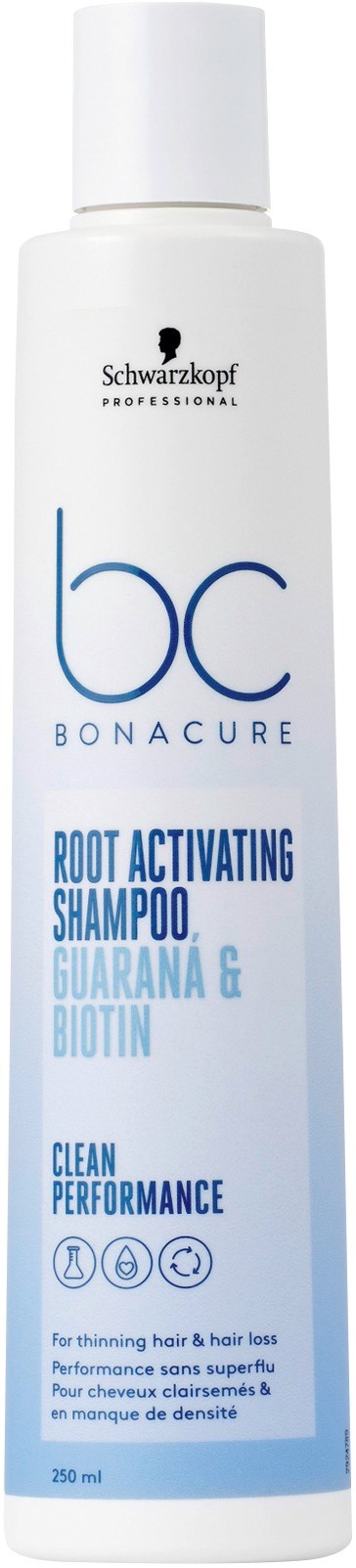 A white bottle of Schwarzkopf Bonacure root activating shampoo with blue and black text, designed for hair health.