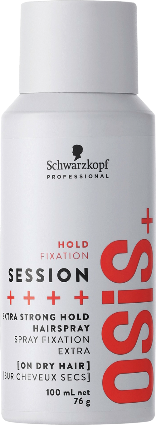 A white bottle of Schwarzkopf Professional hair spray with red and black text, labeled 'SESSION OS+'.