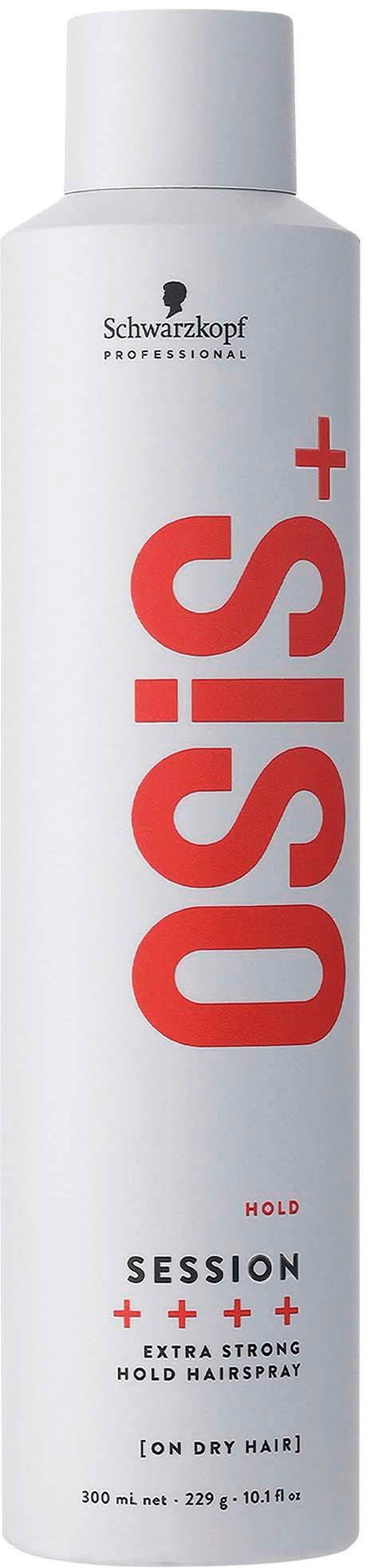 A white bottle of Schwarzkopf Osis+ hair spray, labeled for hold and extra strength, on a black background.