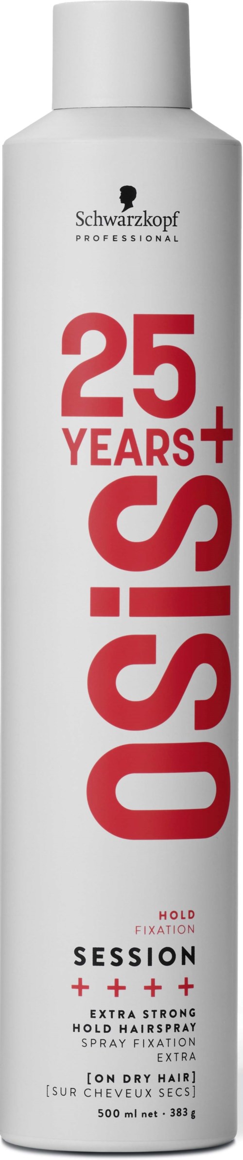 En lång vit sprayflaska med röd och svart text, firar 25 år, märkt 'OSiS+'.