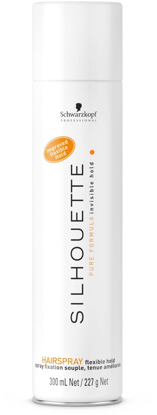 Eine weiße Spraydose mit schwarzen und orangefarbenen Text, gekennzeichnet als 'Silhouette E', enthält 300 ml.