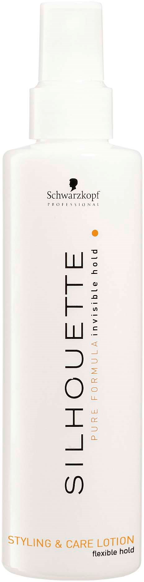 Eine weiße Flasche mit schwarzem und orangefarbenem Text, gekennzeichnet als Schwarzkopf Silhouettte Styling- und Pflege-Lotion, mit Sprühkopf.