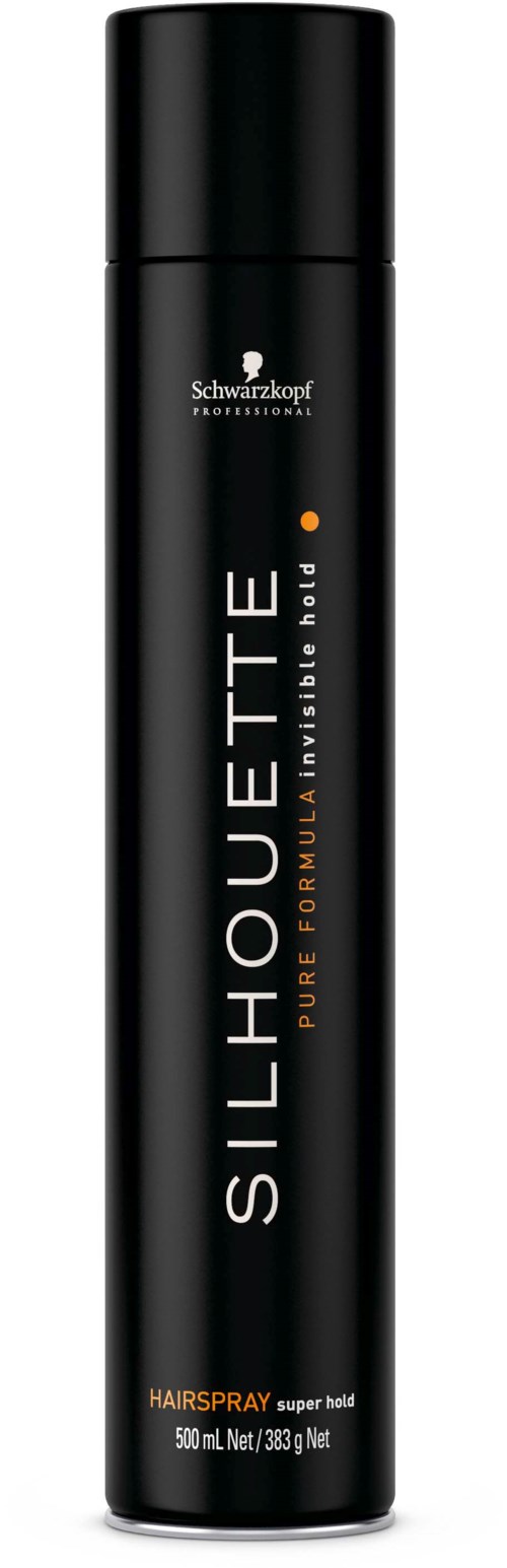 Eine lange, schwarze Dose mit den Markenlogos von Silhouette und Schwarzkopf. Es ist eine Haarspraydose.